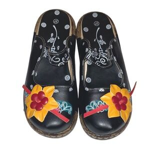 Floral Applique Embroidered Black Clog Mules Boho Slip On Shoes Size 6.5 (37 UK)